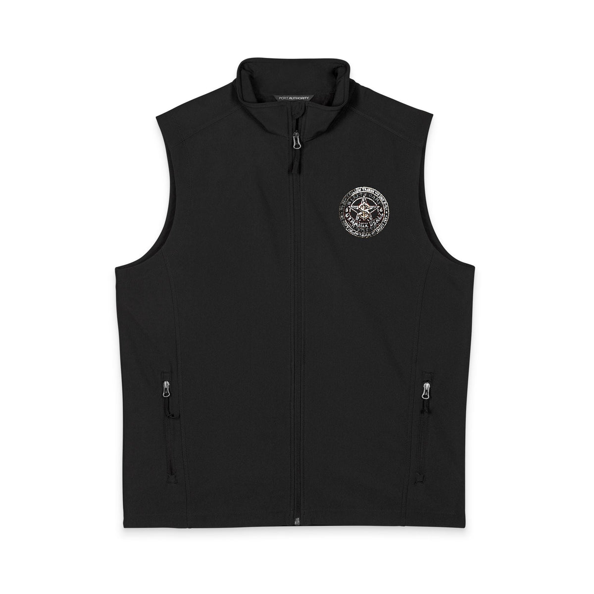Men's Black Soft Shell Vest with White Floral Emblem — Lightweight Zip-Up Outerwear Printify