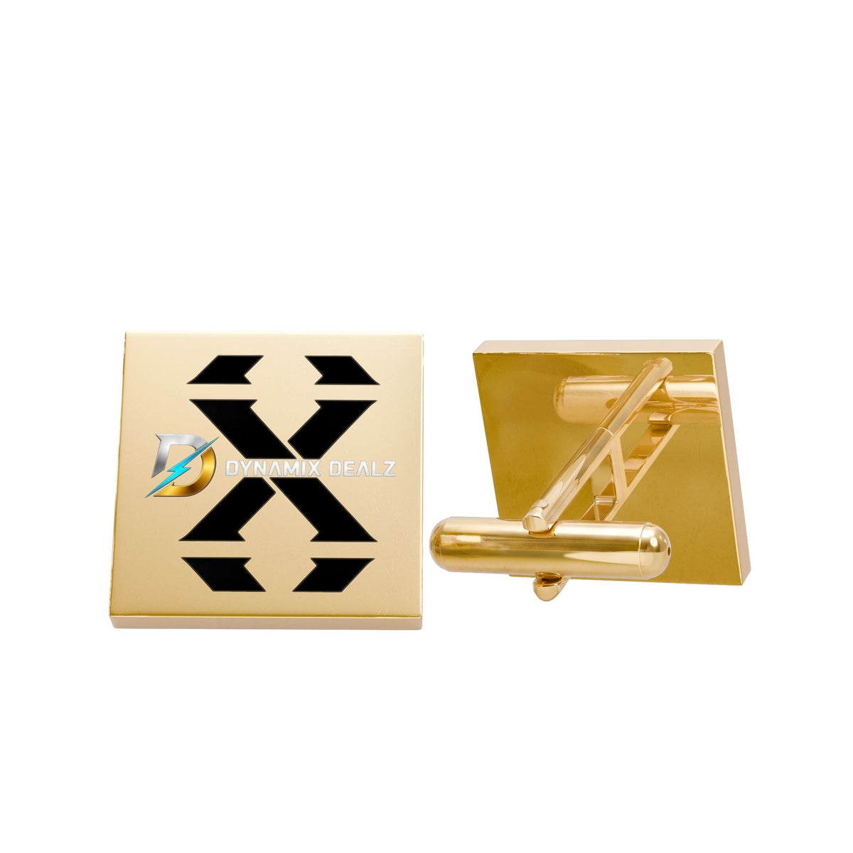 Gold Square Cufflinks with Black Geometric X Accent – Elegant Formal Accessory Printify