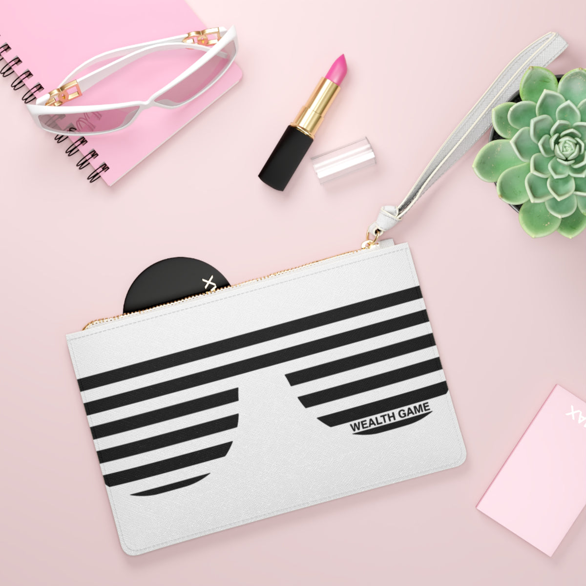 Wealth Game Clutch Bag — Gold Crescent Moon & Striped Shades Wristlet