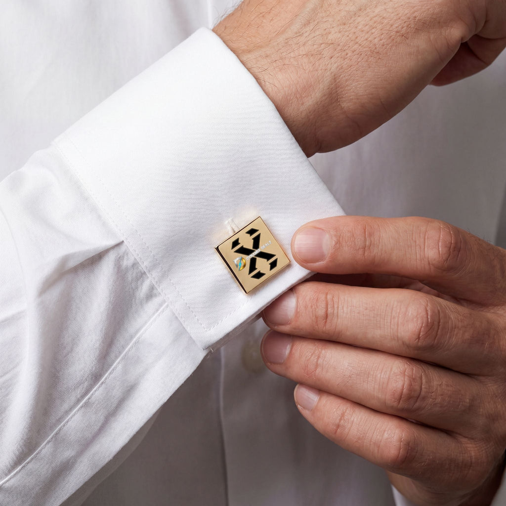 Gold Square Cufflinks with Black Geometric X Accent – Elegant Formal Accessory Printify