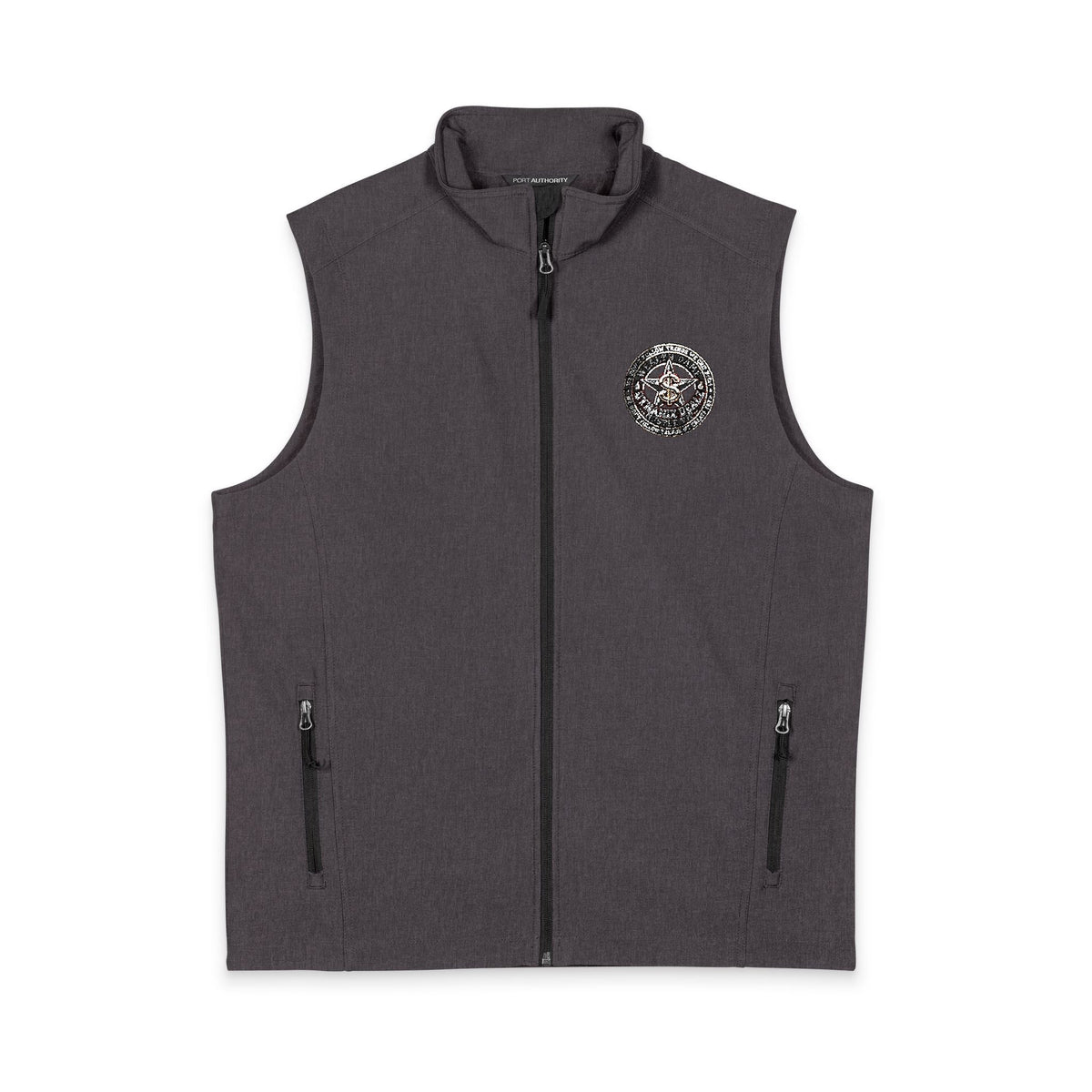 Men's Black Soft Shell Vest with White Floral Emblem — Lightweight Zip-Up Outerwear Printify