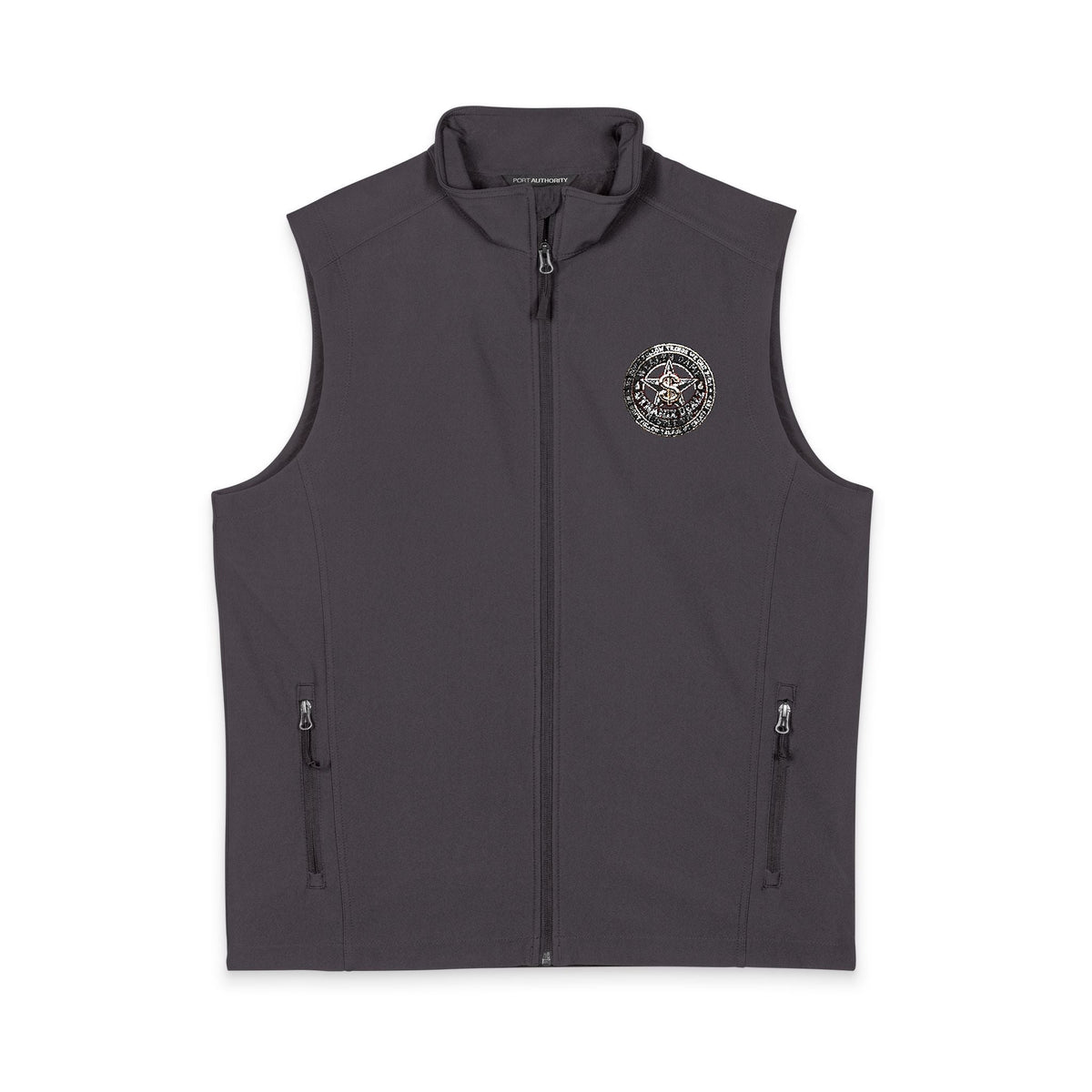 Men's Black Soft Shell Vest with White Floral Emblem — Lightweight Zip-Up Outerwear Printify